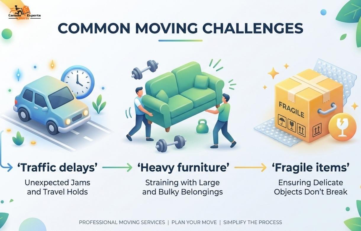 Common challenges when moving from Ajax to Mississauga including traffic delays, heavy furniture lifting, and fragile item protection