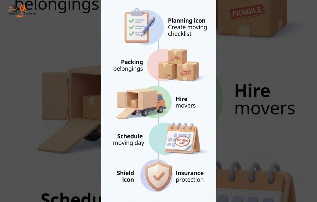 Moving checklist infographic for moving from Ajax to Mississauga including planning, packing, scheduling, and hiring movers