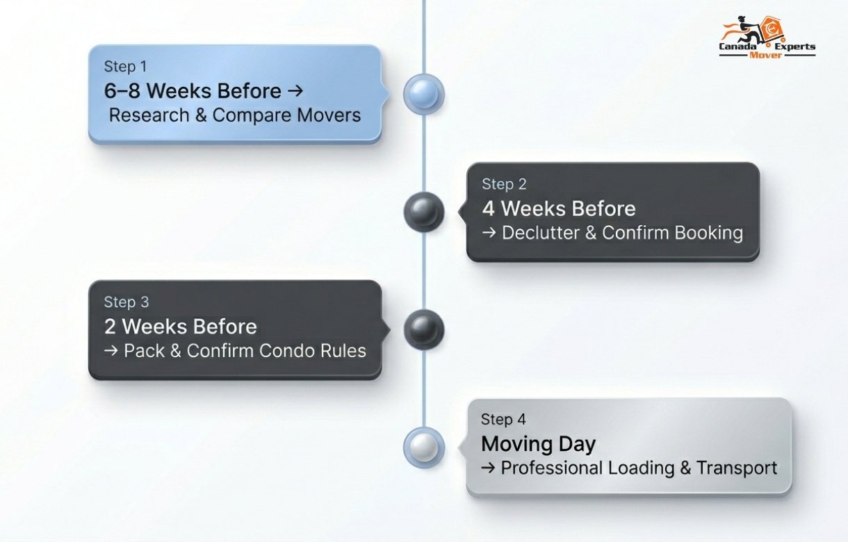 Step-by-step moving from Ajax to Toronto planning timeline infographic