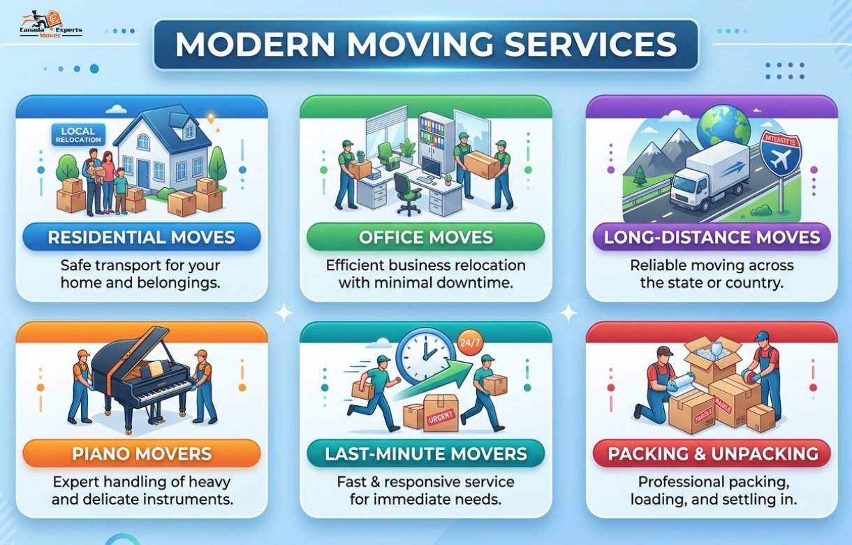 Infographic showing moving services from Mississauga to Ajax including residential, office, long-distance, piano, last-minute, and packing/unpacking