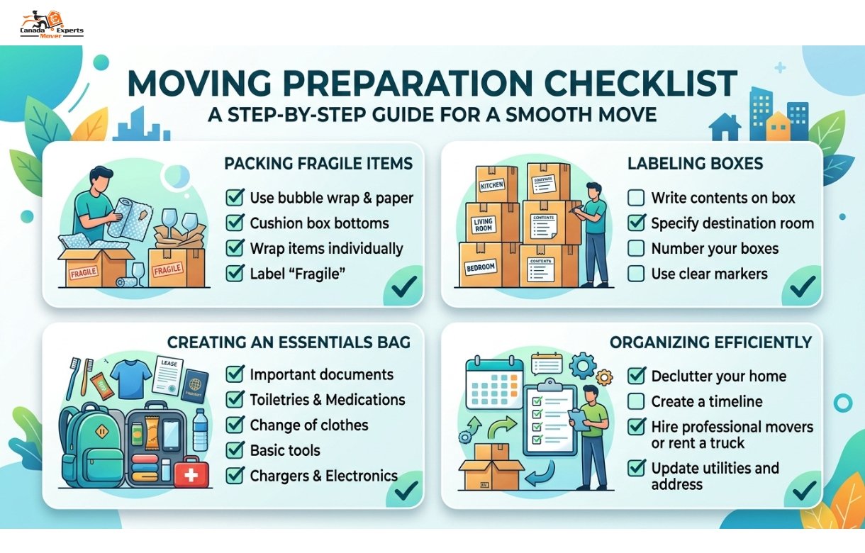 Checklist infographic showing essential packing tips for a Mississauga to Ajax move including labeling, fragile items, and essentials bag
