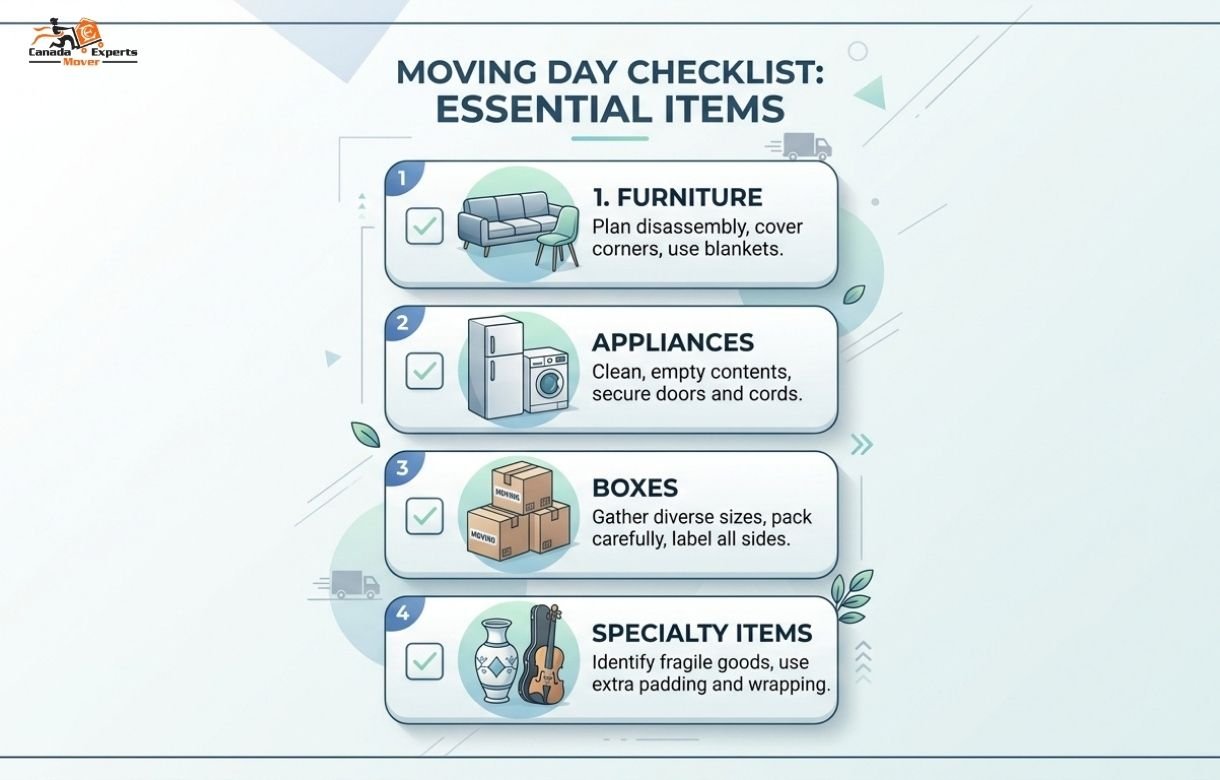 Infographic checklist of household and specialty items for moving from Mississauga to Burlington