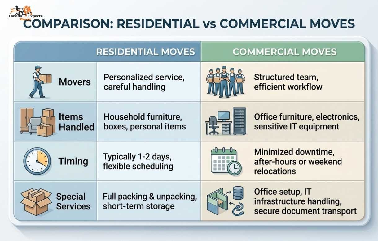 Comparison chart of residential versus commercial moving services from Mississauga to Burlington
