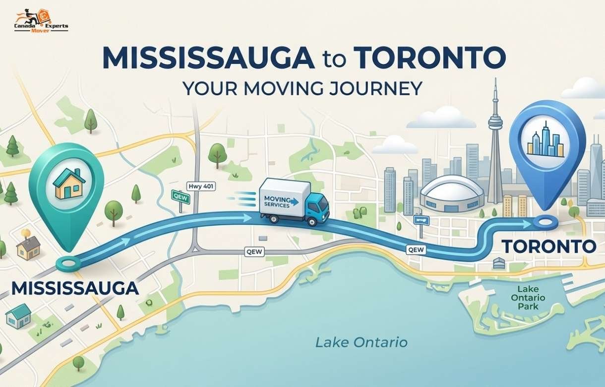 Map showing the moving route from Mississauga to Toronto used by professional movers