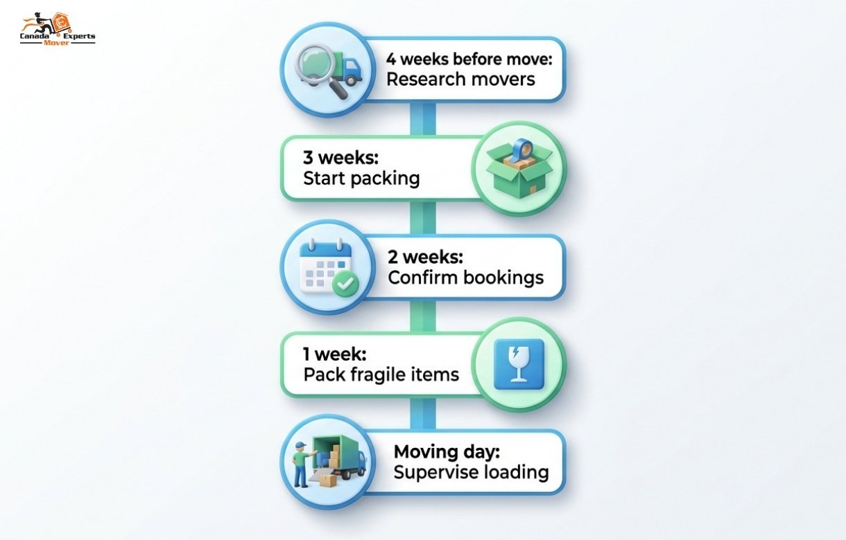 Timeline infographic showing step-by-step moving plan from Mississauga to Toronto