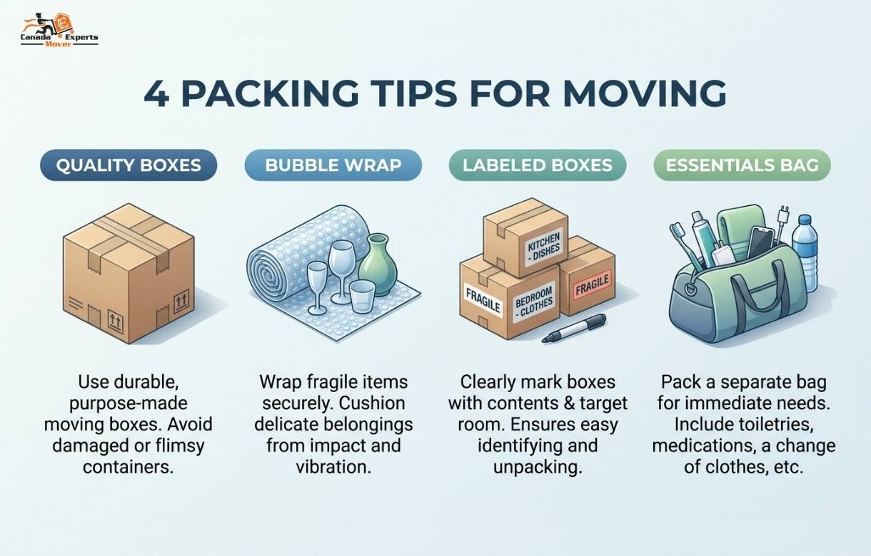 Infographic showing essential packing tips for moving from Mississauga to Toronto