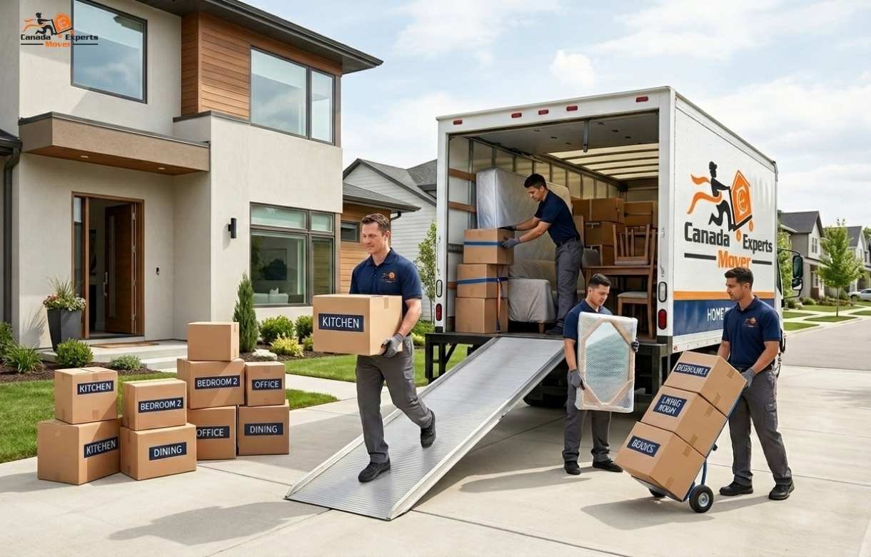 Professional Ajax to Mississauga movers loading furniture and moving boxes into a moving truck
