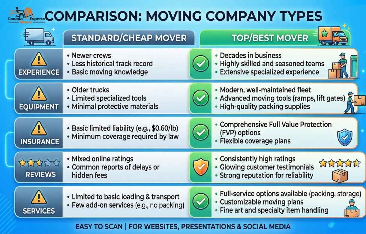 Comparison table of best movers vs cheap Toronto to Burlington movers showing experience, equipment, insurance, reviews, and services.