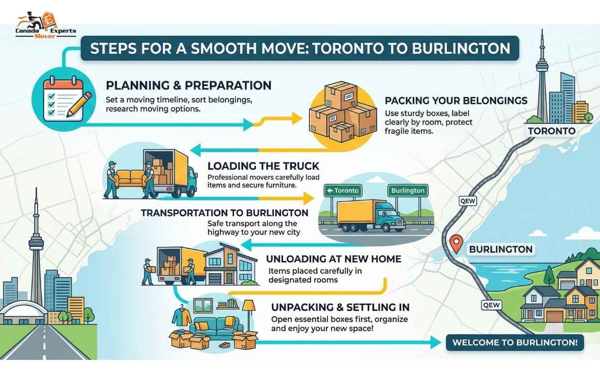 Infographic showing the complete moving process from Toronto to Burlington with steps for packing, transportation, and unpacking.