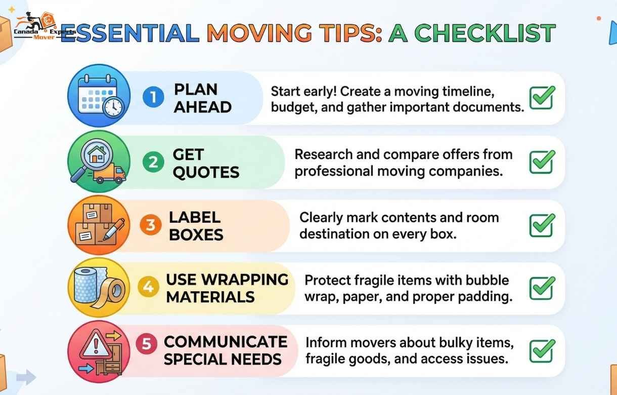 Infographic checklist showing essential tips for a smooth Toronto to Burlington move, including planning, packing, and labeling.