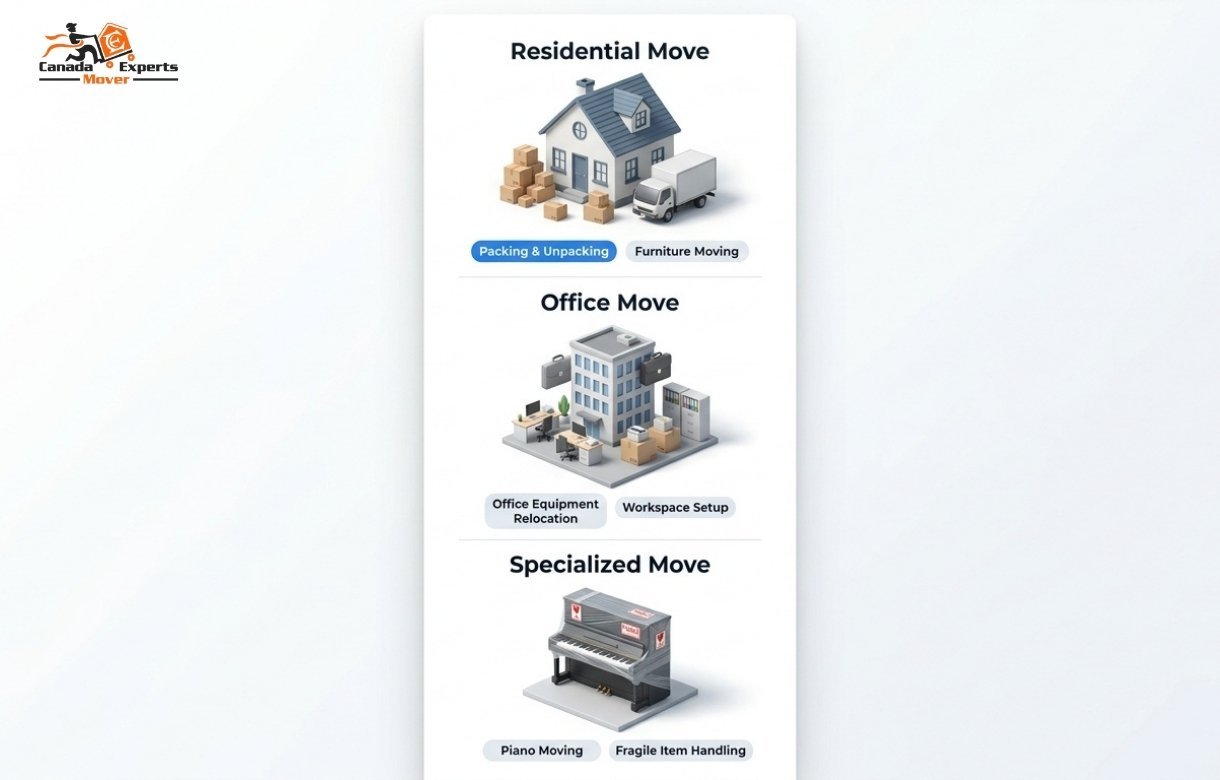 Infographic showing residential commercial and specialized Toronto to Mississauga moving services